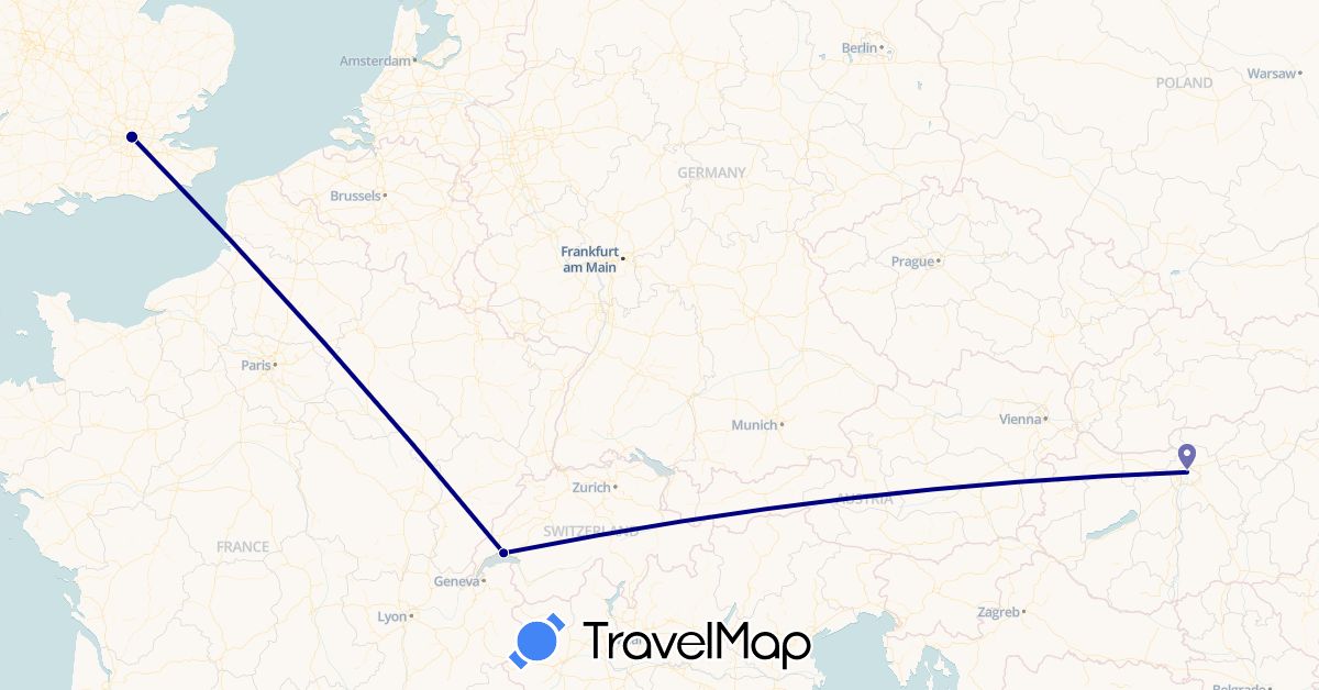 TravelMap itinerary: driving in Switzerland, United Kingdom, Hungary (Europe)
